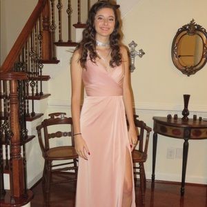 blush dusty pink satin prom dress v-neck high slit